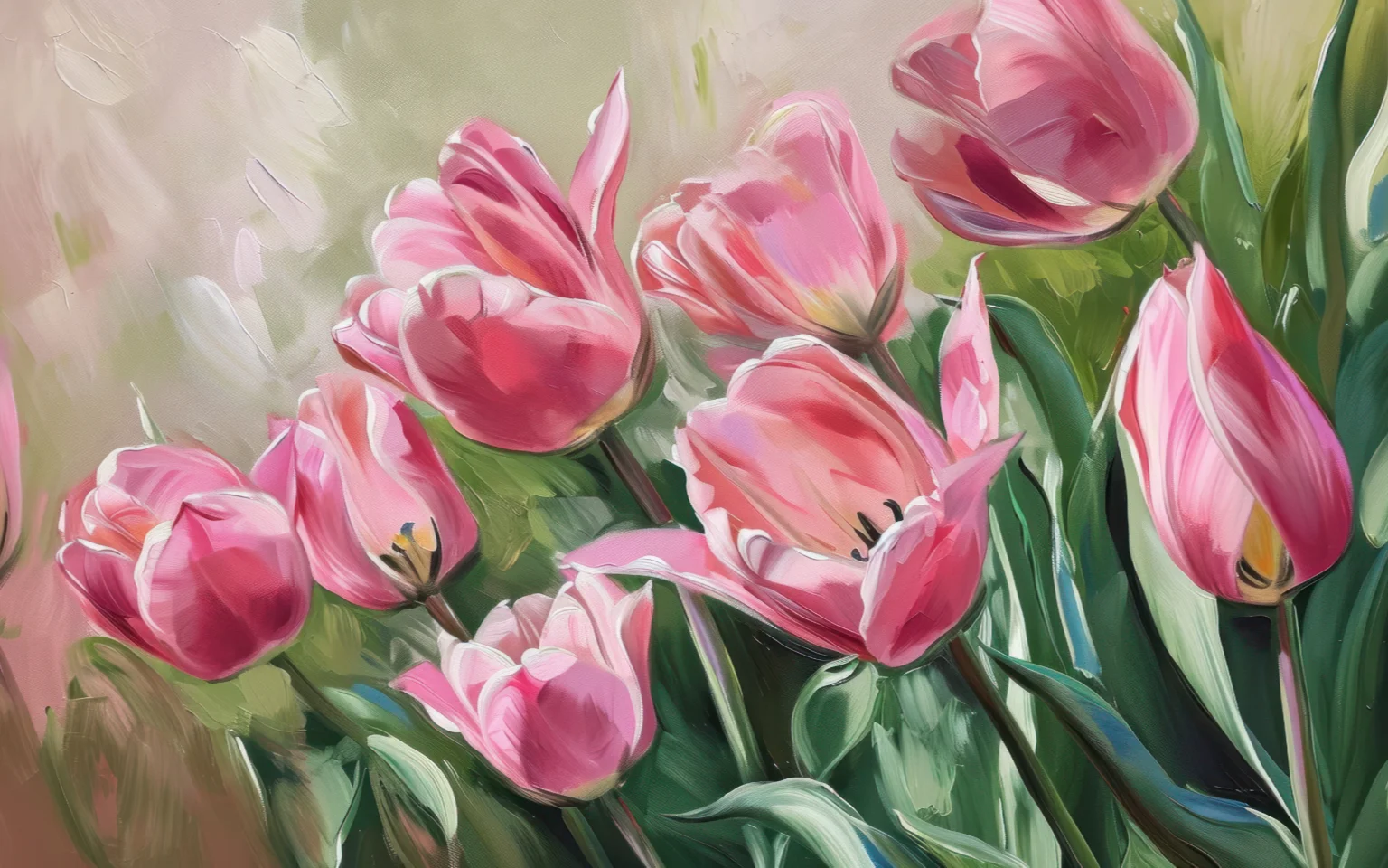 Oil painting of pink tulips