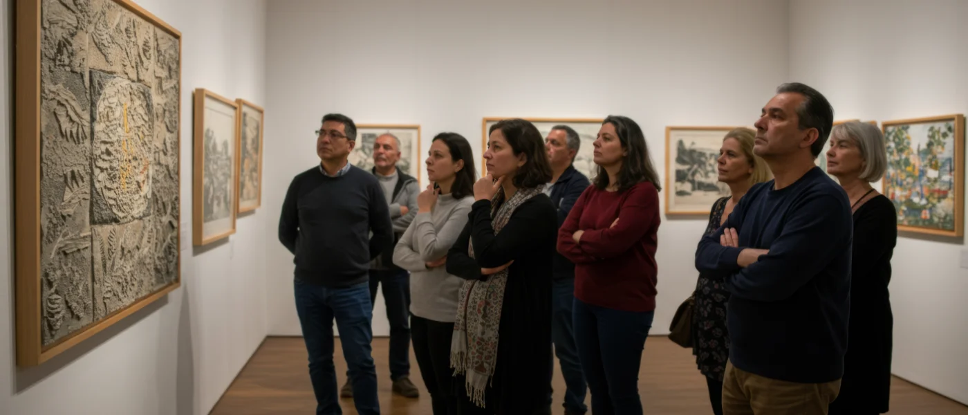 Art gallery exhibit visitors looking at artwork paintings
