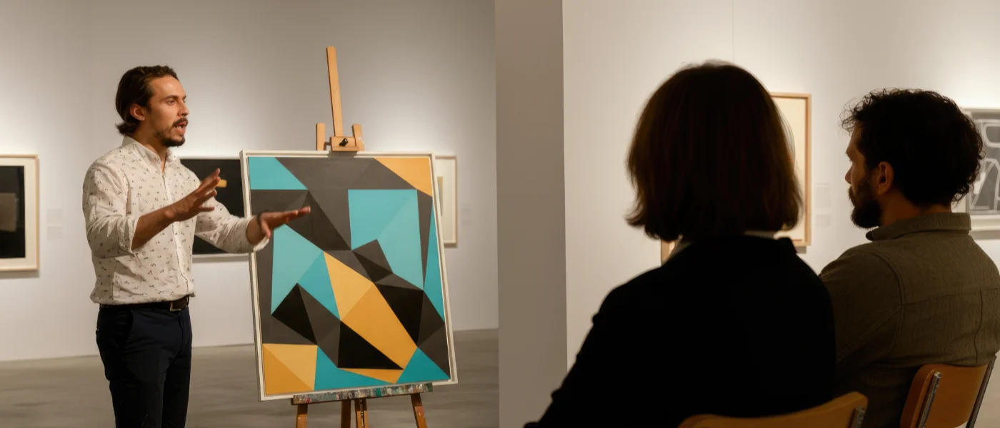 People talking in an art gallery during an exhibition opening