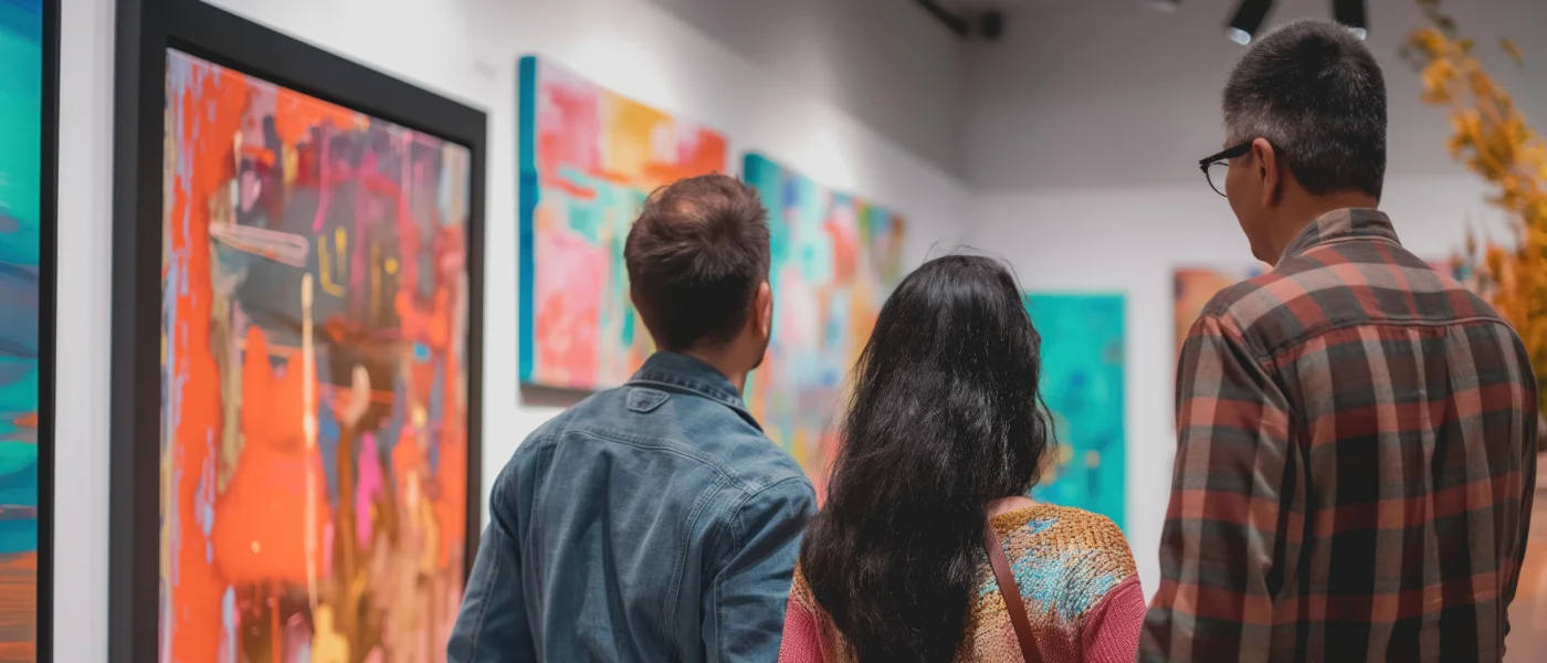 Art exhibition opening with artists and visitors mingling