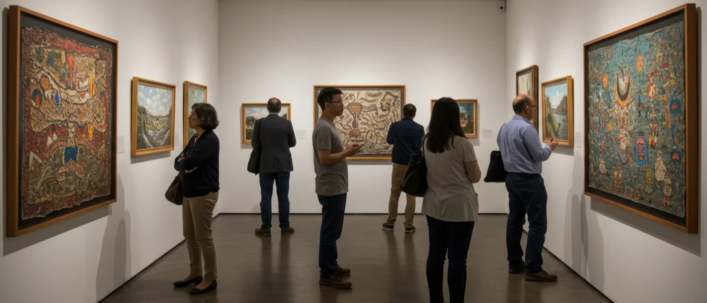 Exploring art gallery exhibition people viewing paintings