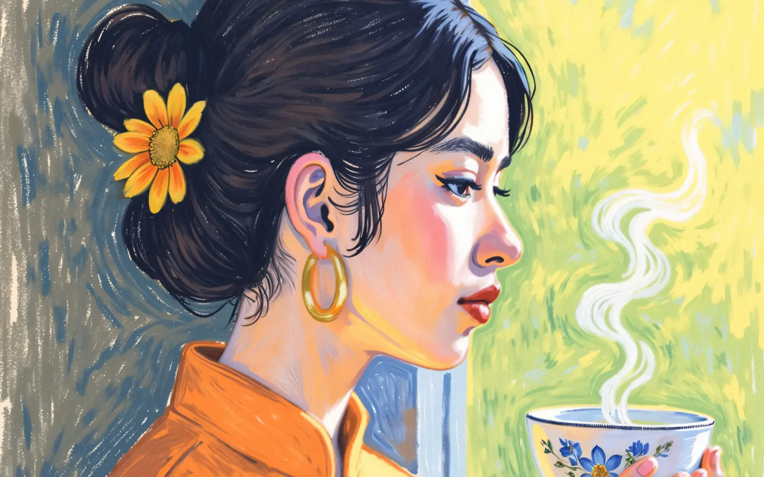 Woman enjoying a cup of tea by the window